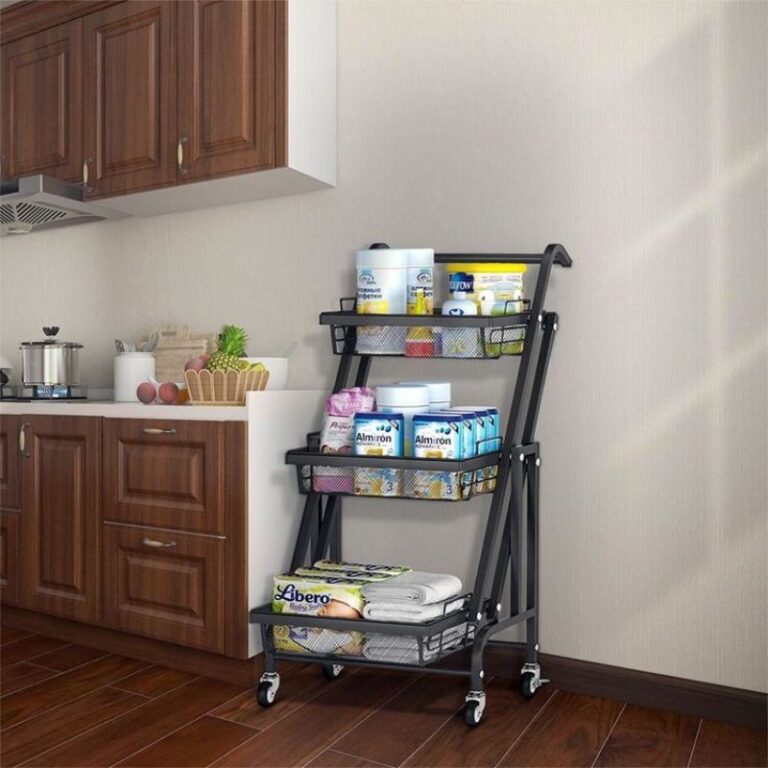 chariot de rangement pliable, chariot 3-en-1, chariot mobile cuisine, rangement modulable, organisateur maison, chariot à roulettes, chariot multifonction, étagère pliante, FlexiCart Clinson, rangement compact. Nesto.ma