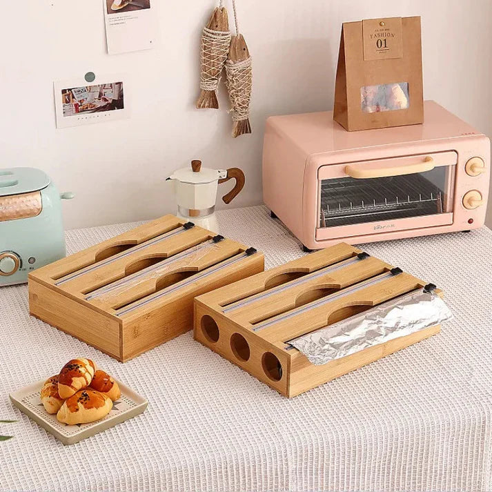 Distributeur Rond 3-en-1 en Bambou – Film, Papier, Aluminium