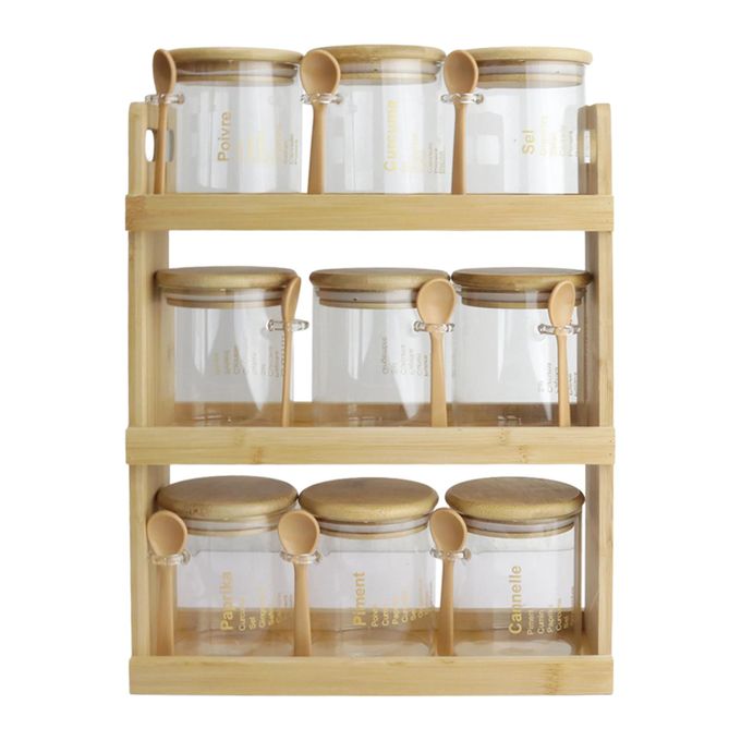 Service à Épices en Verre et Bois – 9 Pièces