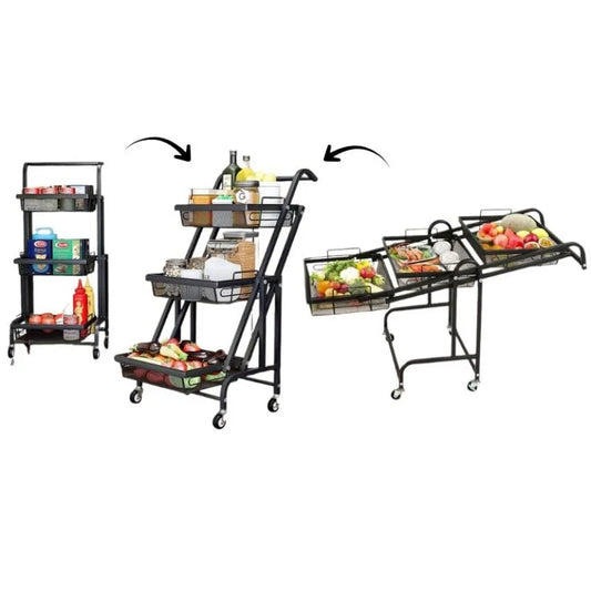 chariot de rangement pliable, chariot 3-en-1, chariot mobile cuisine, rangement modulable, organisateur maison, chariot à roulettes, chariot multifonction, étagère pliante, FlexiCart Clinson, rangement compact. Nesto.ma