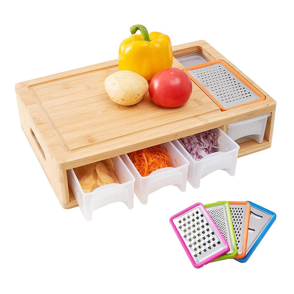 Planche à Découper en Bambou – Moderne & Multifonctionnelle avec Contenants et Râpes