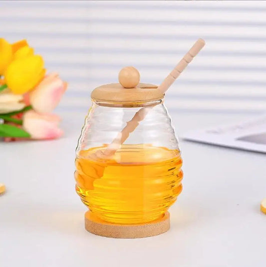 Pot à Miel en Verre Borosilicate avec Couvercle & Cuillère en Bambou