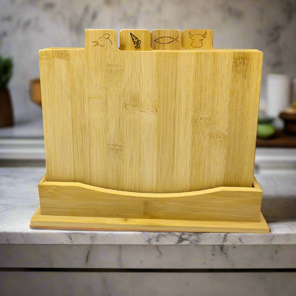 Set de 4 Planches à Découper en Bambou avec Support