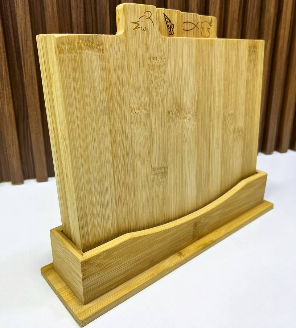 Set de 4 Planches à Découper en Bambou avec Support