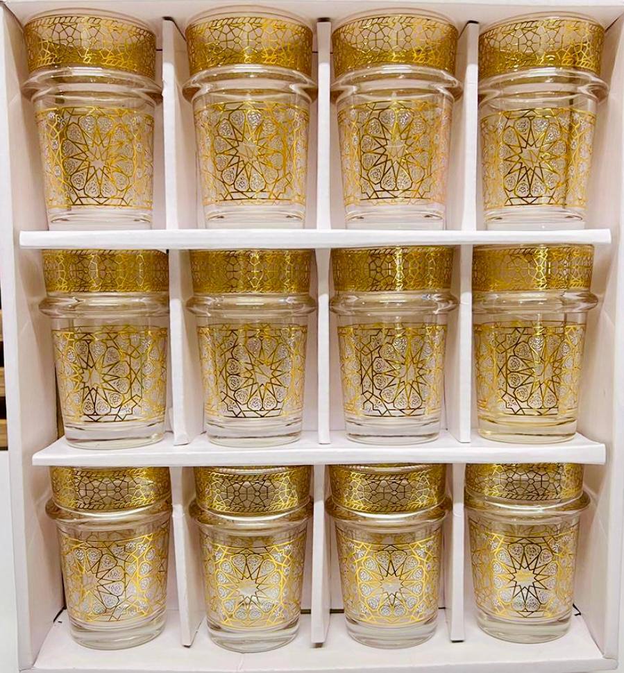 12 verres à thé en verre transparent avec détails dorés élégants