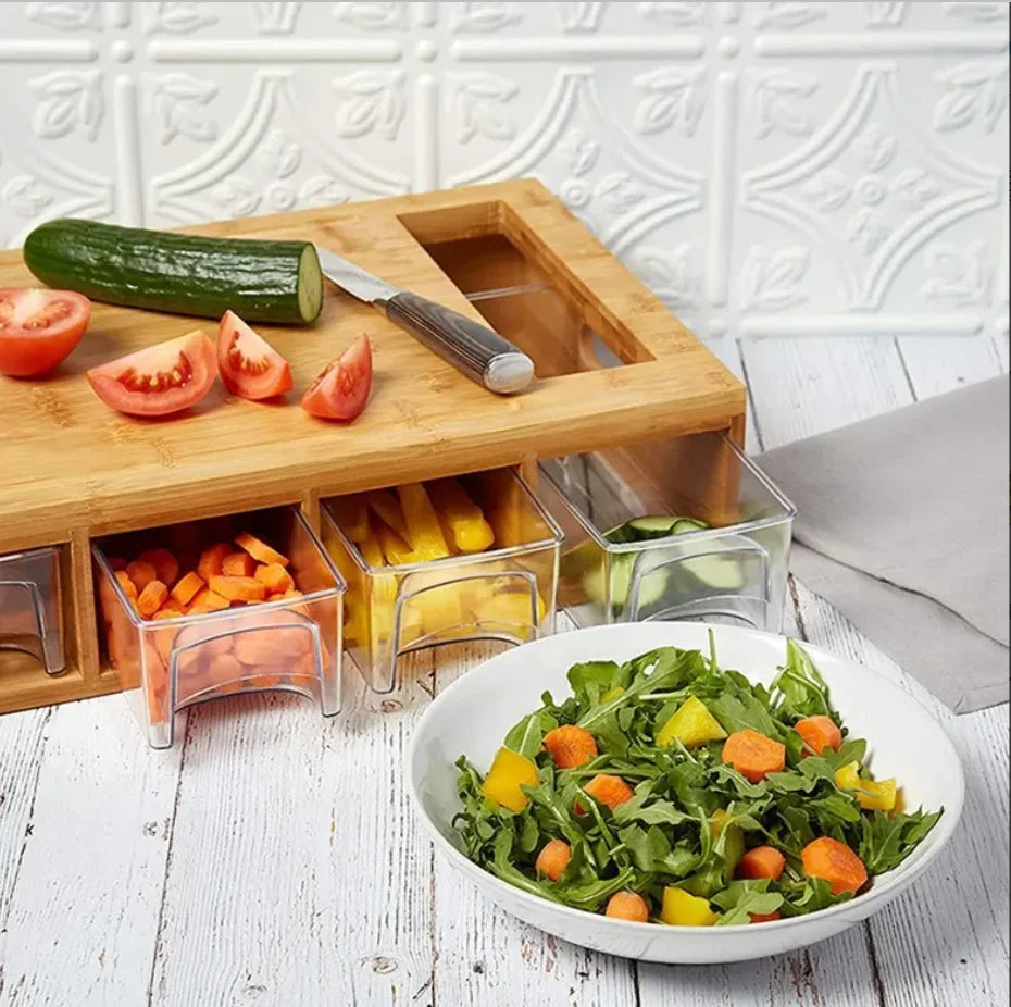 Planche à Découper en Bambou – Moderne & Multifonctionnelle avec Contenants et Râpes