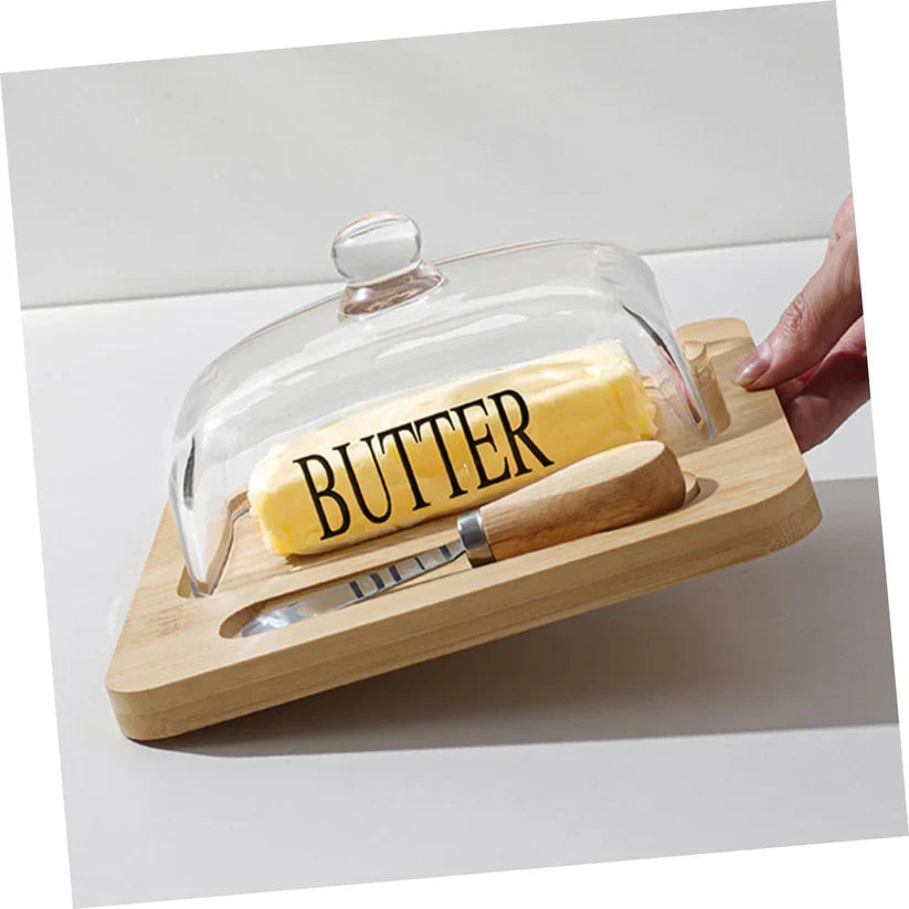 Beurrier avec couvercle en verre et plateau en bambou