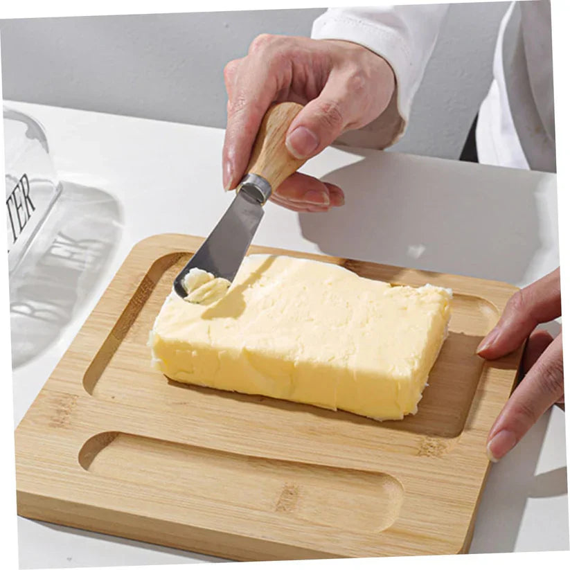 Beurrier avec couvercle en verre et plateau en bambou