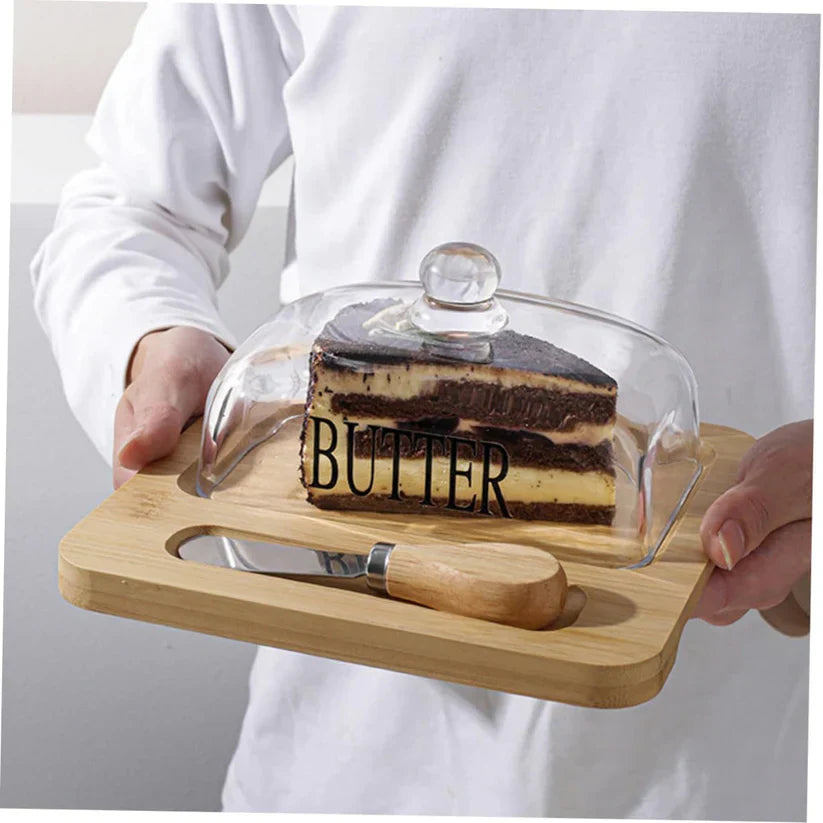Beurrier avec couvercle en verre et plateau en bambou