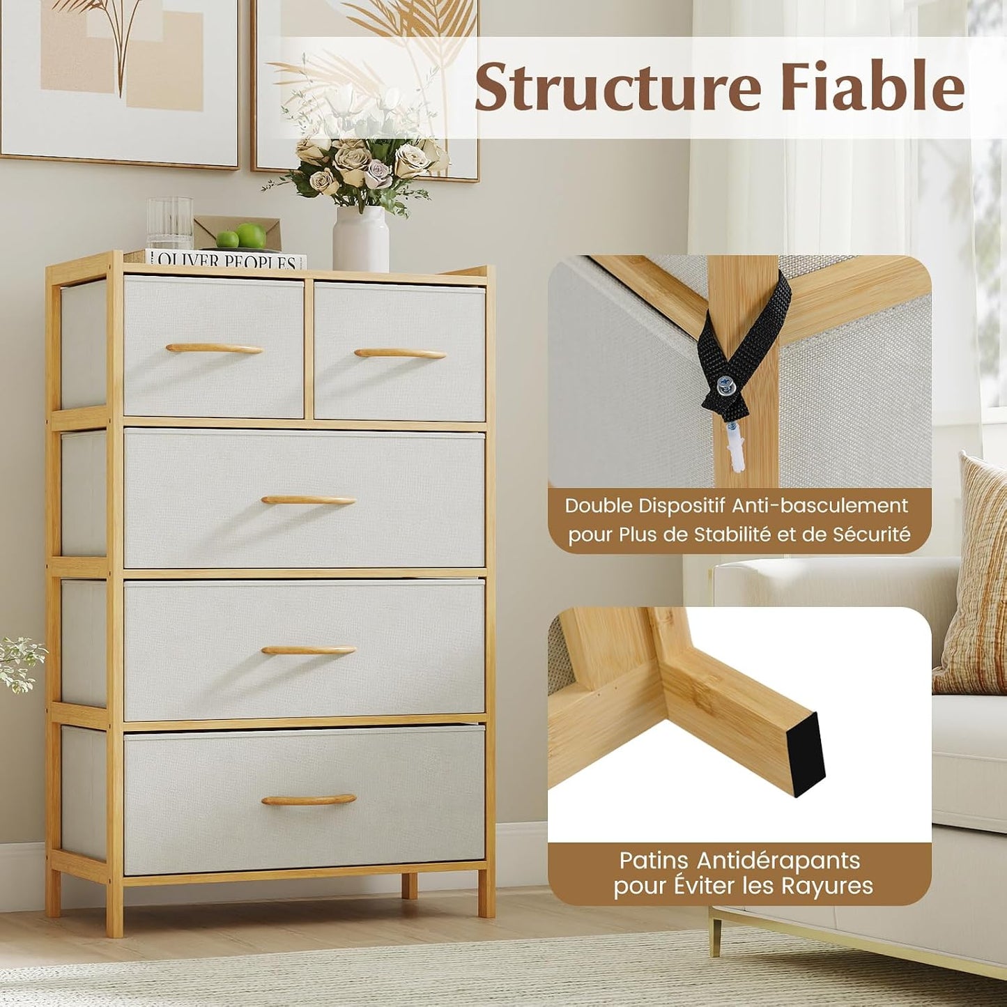 Commode 5 Tiroirs en Tissu et Bambou – Meuble de Rangement avec Dessus en Bois