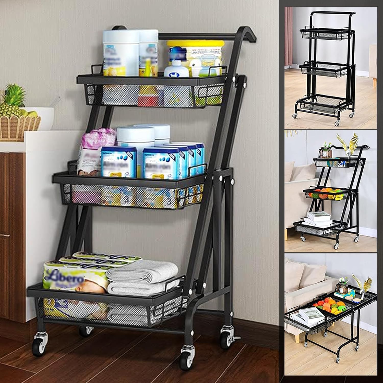 chariot de rangement pliable, chariot 3-en-1, chariot mobile cuisine, rangement modulable, organisateur maison, chariot à roulettes, chariot multifonction, étagère pliante, FlexiCart Clinson, rangement compact. Nesto.ma