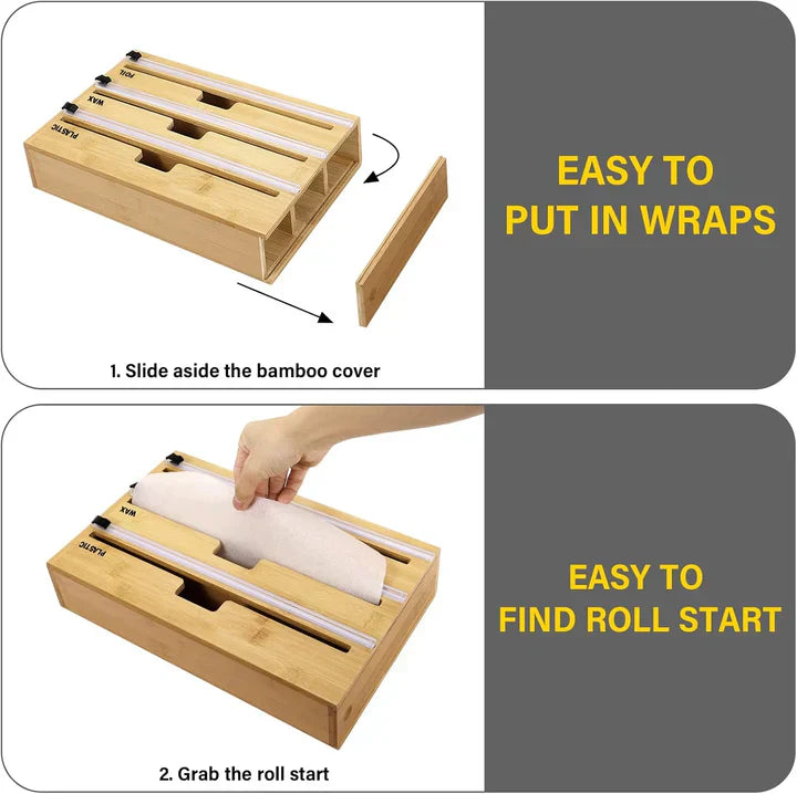 Distributeur Rond 3-en-1 en Bambou – Film, Papier, Aluminium