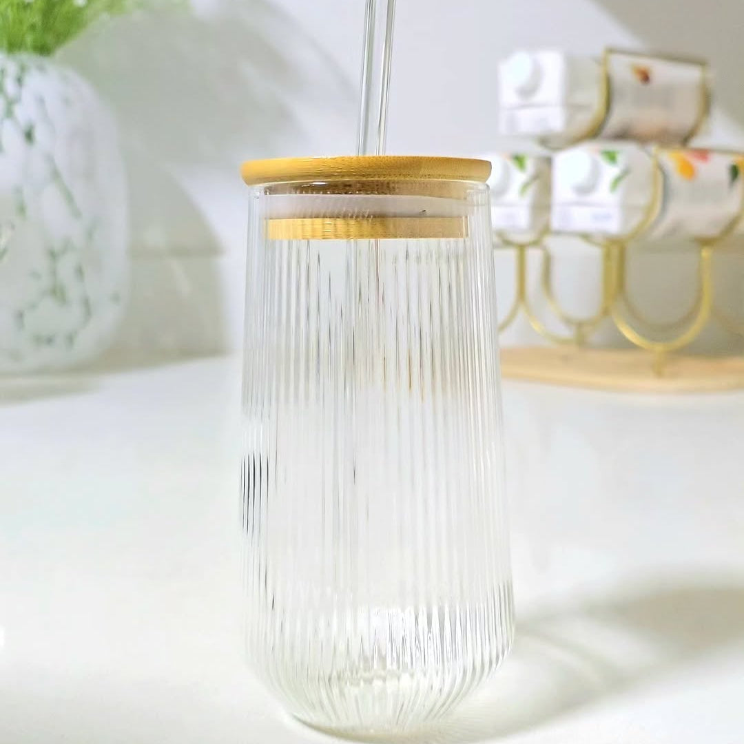 3 Tasse en verre avec couvercle et paille Grande à rayures verticales