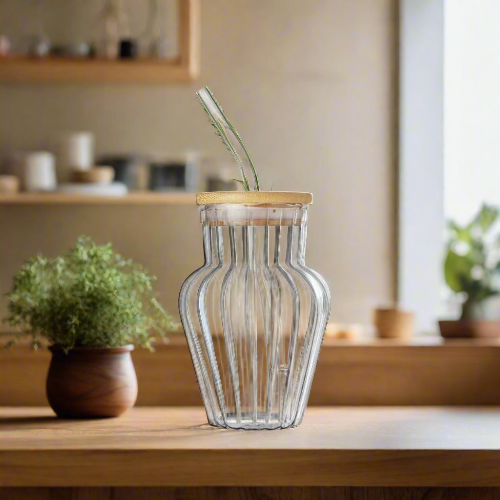 Verre à Rayures Moderne avec Couvercle et Paille – Design Contemporain