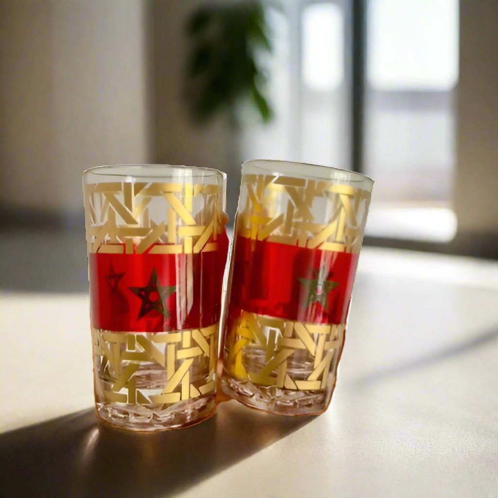 Coffret de 12 Verres à Thé Marocains – Édition Drapeau du Maroc