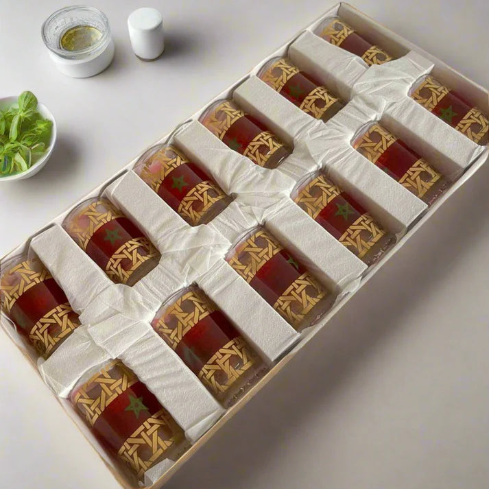 Coffret de 12 Verres à Thé Marocains – Édition Drapeau du Maroc NESTO.MA