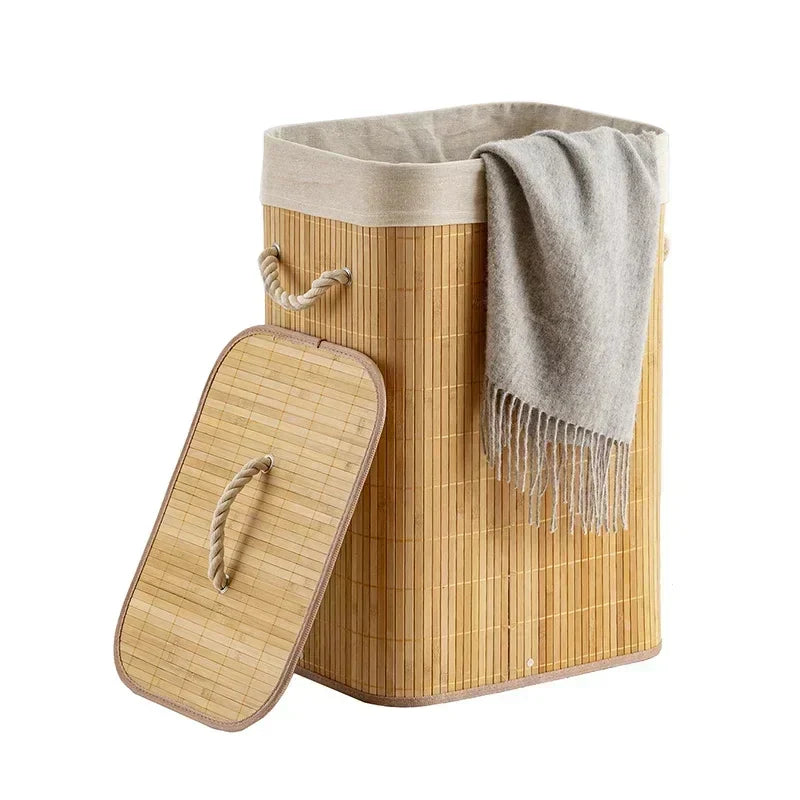 Panier à Linge Rectangulaire Pliable en Bambou avec Couvercle
