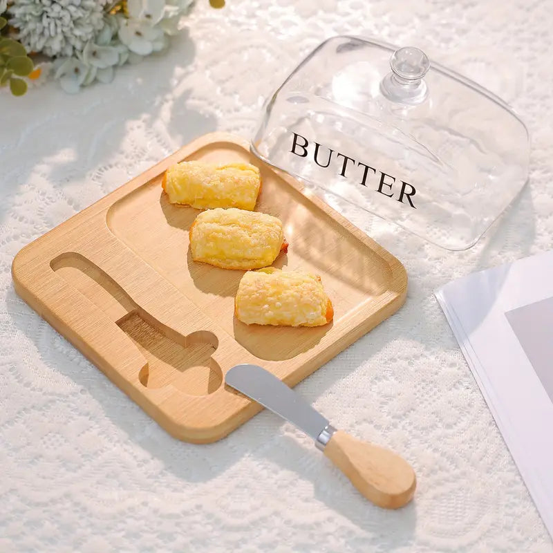 Beurrier avec couvercle en verre et plateau en bambou