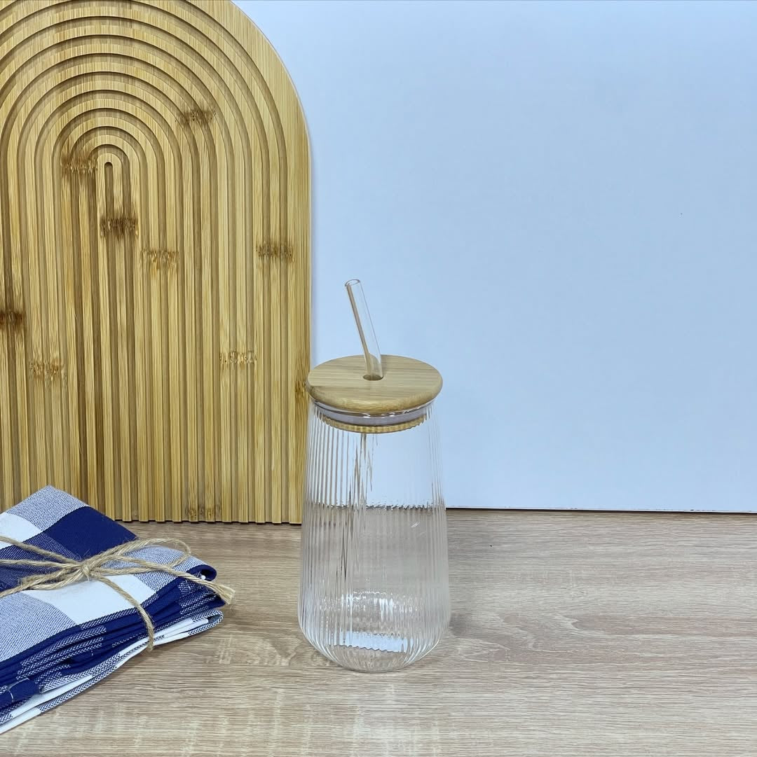 3 Tasse en verre avec couvercle et paille Grande à rayures verticales