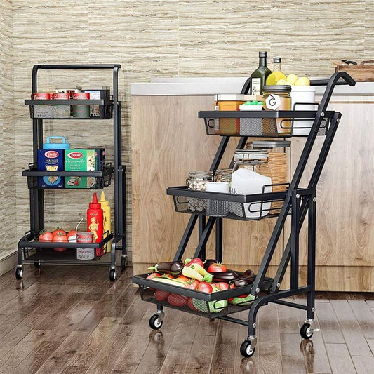 chariot de rangement pliable, chariot 3-en-1, chariot mobile cuisine, rangement modulable, organisateur maison, chariot à roulettes, chariot multifonction, étagère pliante, FlexiCart Clinson, rangement compact. Nesto.ma