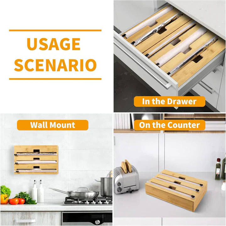 Distributeur Rond 3-en-1 en Bambou – Film, Papier, Aluminium