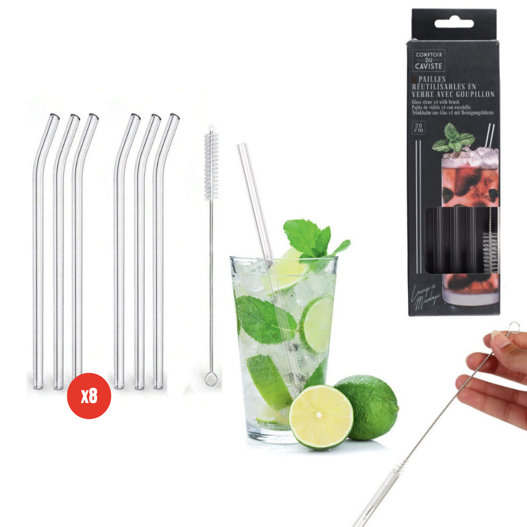 paille transparente en verre x8 avec goupillon