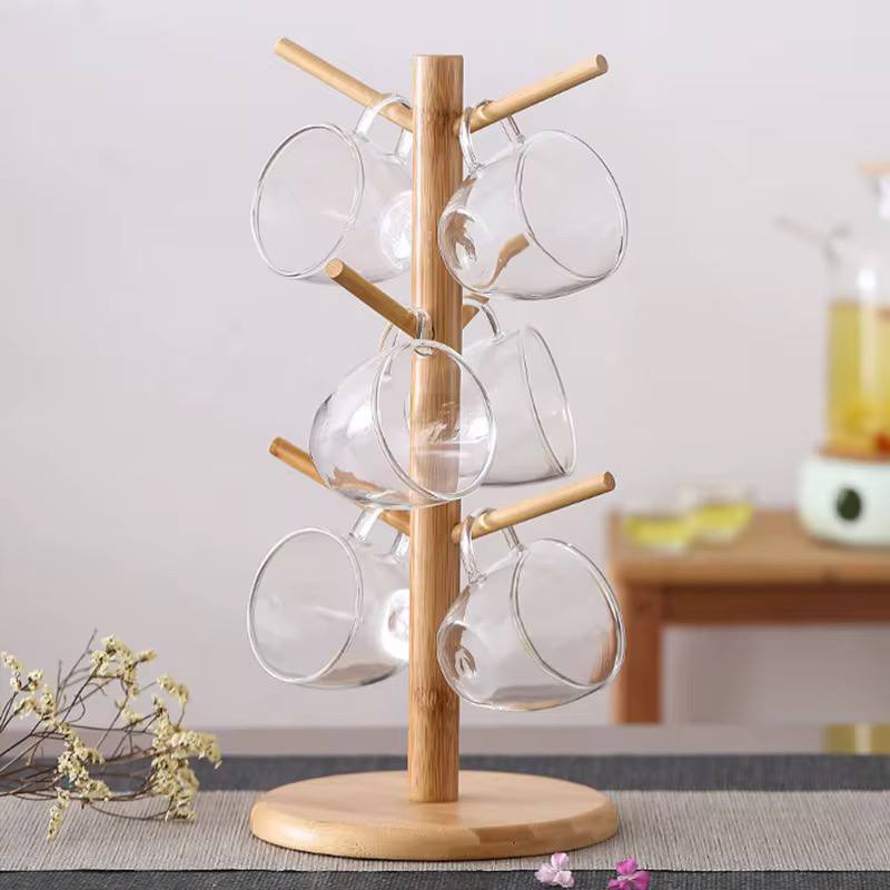 Support à Tasses en Bambou – Porte-Tasses Rotatif à 6 Crochets