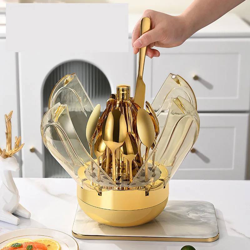 Ensemble de couverts en acier inoxydable, transparent en forme de fleur sa dorée