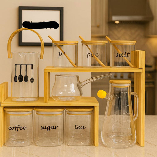 NESTO🫙 Ensemble de Bocaux en Verre avec Support en Bambou – Organisation Élégante & Naturelle pour la Cuisine