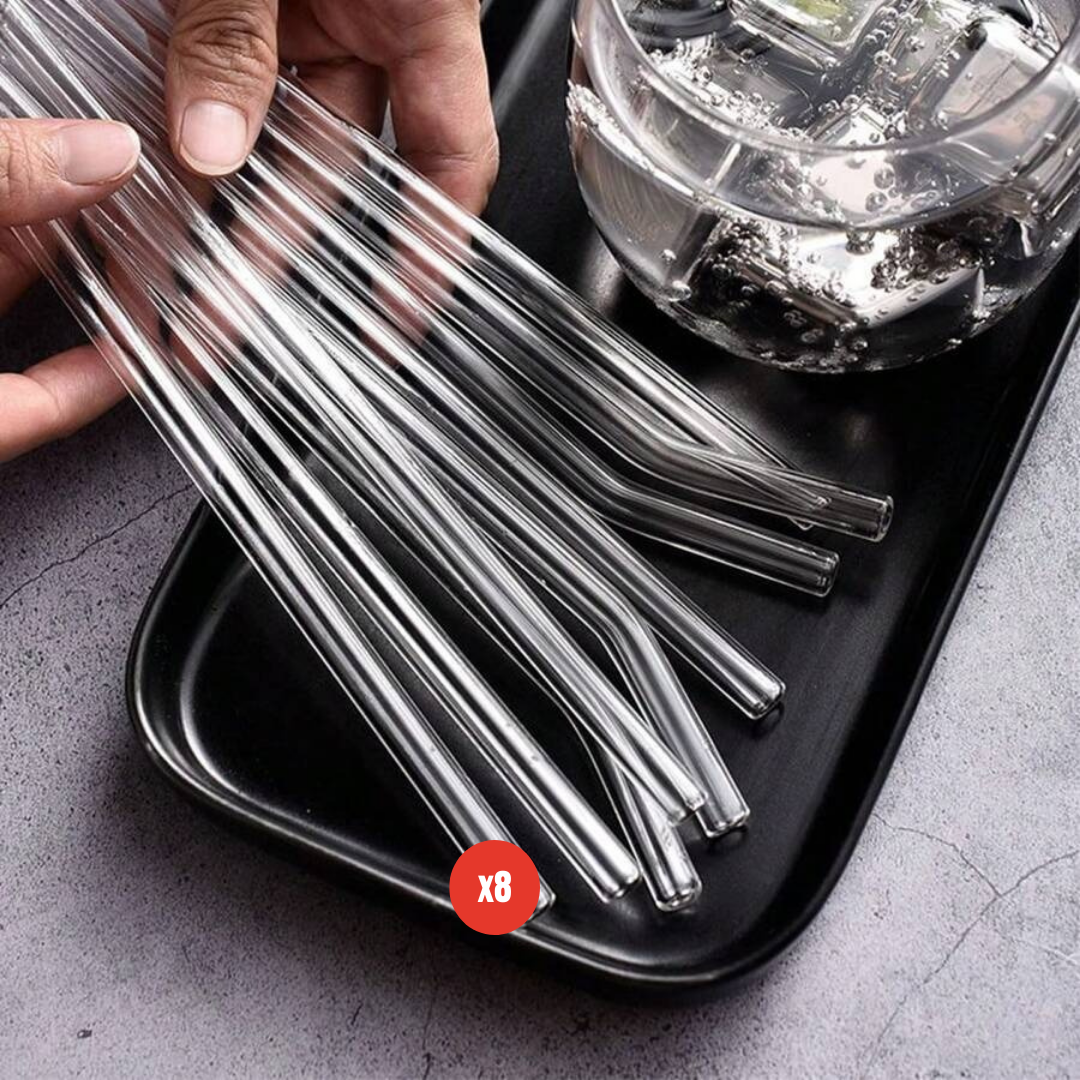 paille transparente en verre x8 avec goupillon