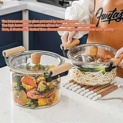 Marmite en Verre 4.5L avec Poignée en Bois – Cuisson Saine