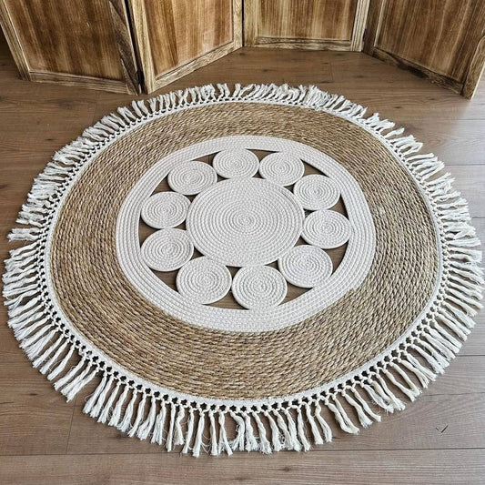 Tapis Rond Bohème en Jute Naturel & Coton – 1,20 m