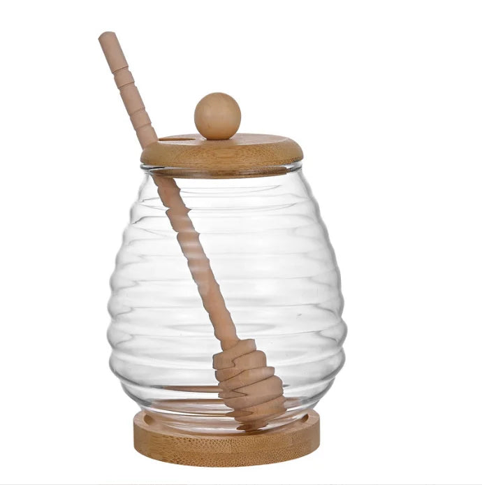Pot à Miel en Verre Borosilicate avec Couvercle & Cuillère en Bambou