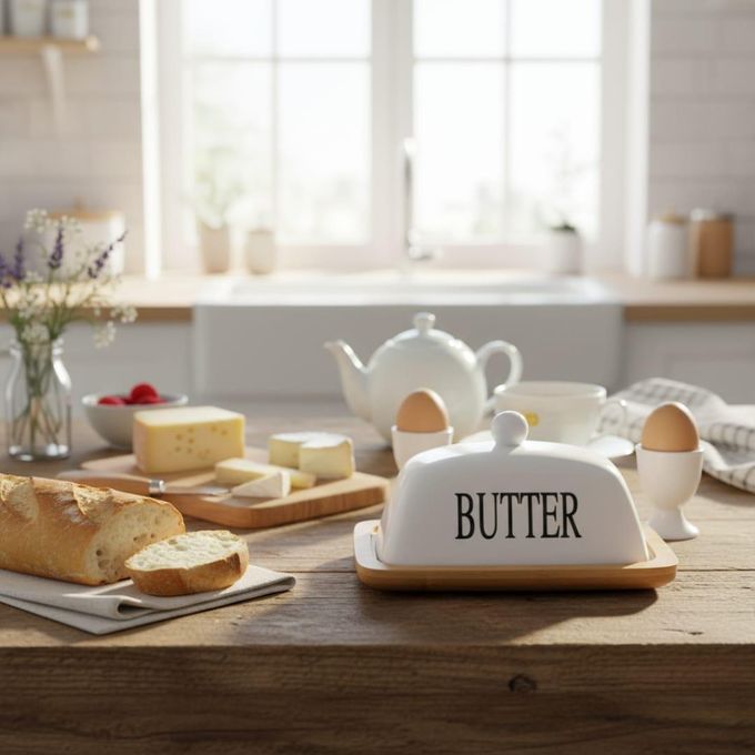 Beurrier avec couvercle en verre et plateau en bambou