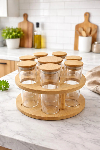 Ensemble 7+1 Pots à Épices en Bambou – Organisateur Naturel & Élégant