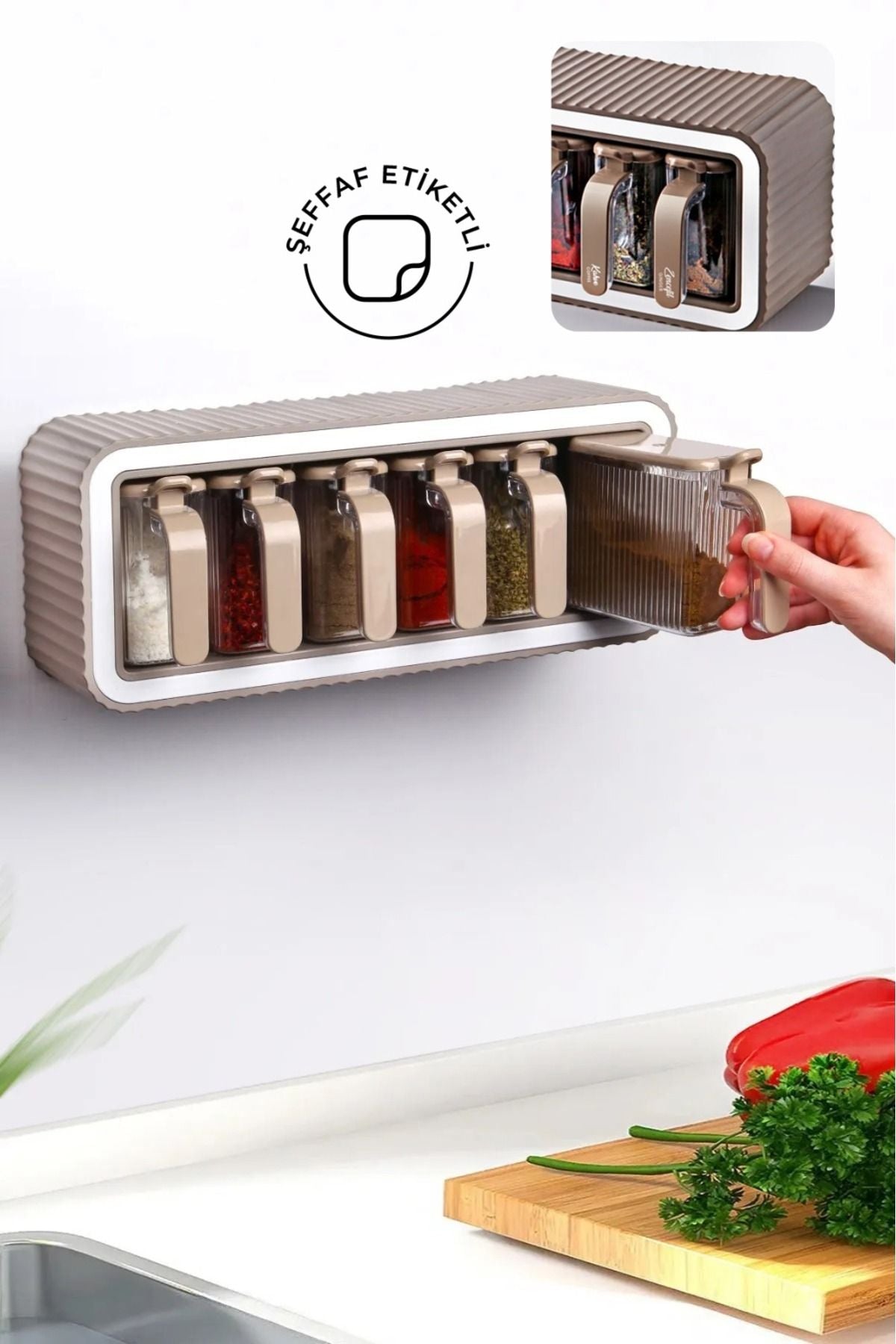 Ensemble de 6 pots à épices autocollants avec couvercles et cuillères - Support pour pots à épices avec poignées