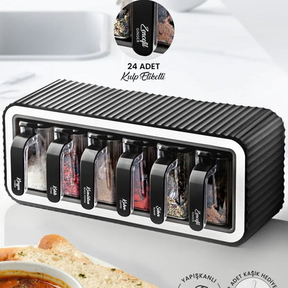 Ensemble de 6 pots à épices autocollants avec couvercles et cuillères - Support pour pots à épices avec poignées