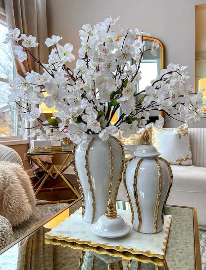 Ensemble 🏺 de Vases Décoratifs en Céramique Blanc et Or – Style Luxe Moderne