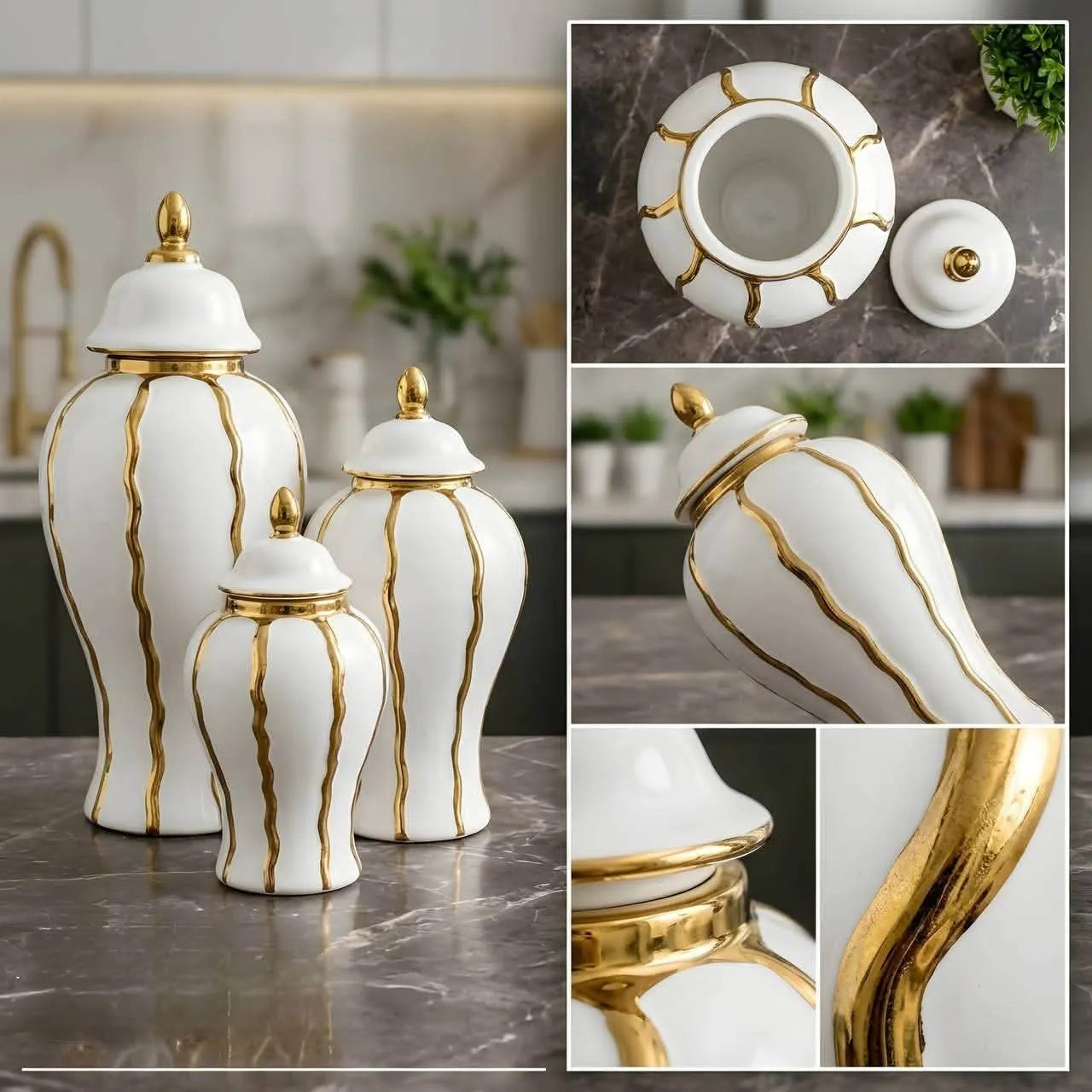 Ensemble 🏺 de Vases Décoratifs en Céramique Blanc et Or – Style Luxe Moderne