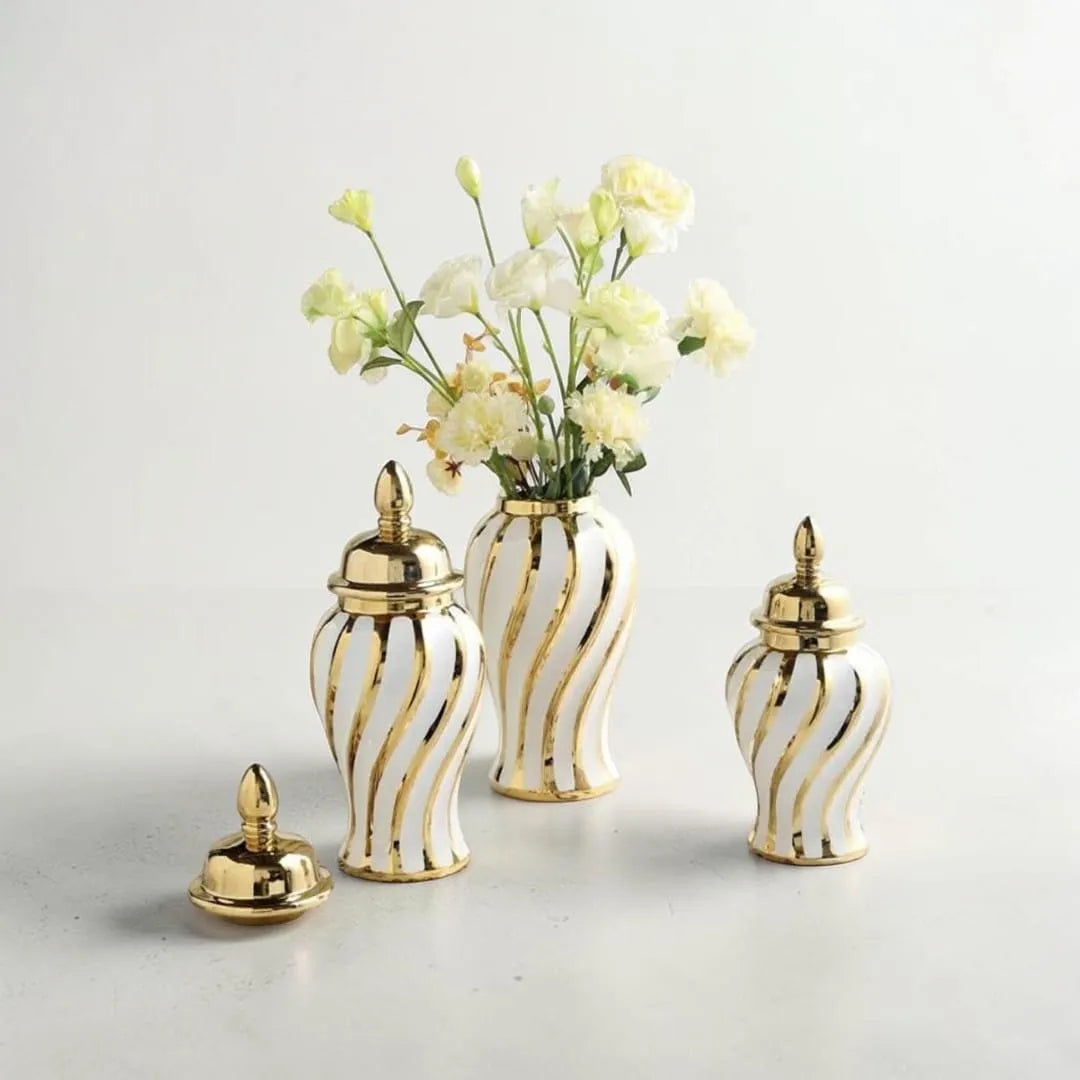 Ensemble 🏺 de Vases Décoratifs en Céramique Blanc et Or – Style Luxe Moderne