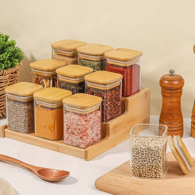 Ensemble 7+1 Pots à Épices en Bambou – Organisateur Naturel & Élégant
