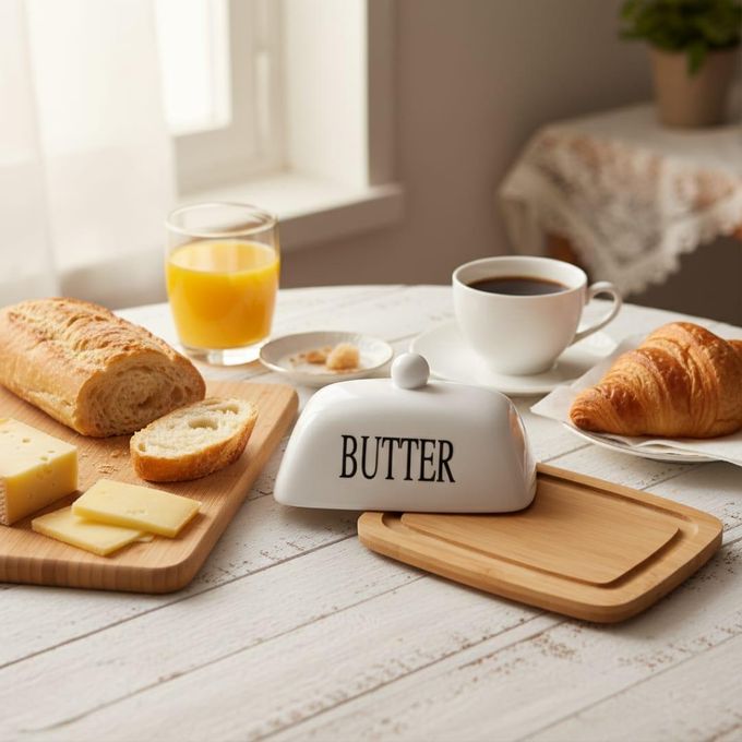 Beurrier avec couvercle en verre et plateau en bambou