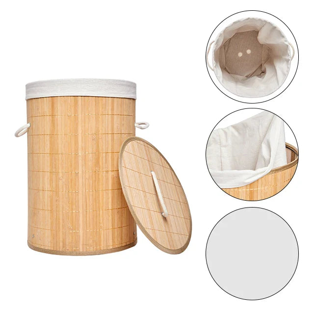 Panier à Linge Pliable en Bambou avec Doublure et Poignée