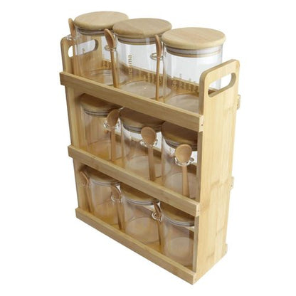 Service à Épices en Verre et Bois – 9 Pièces