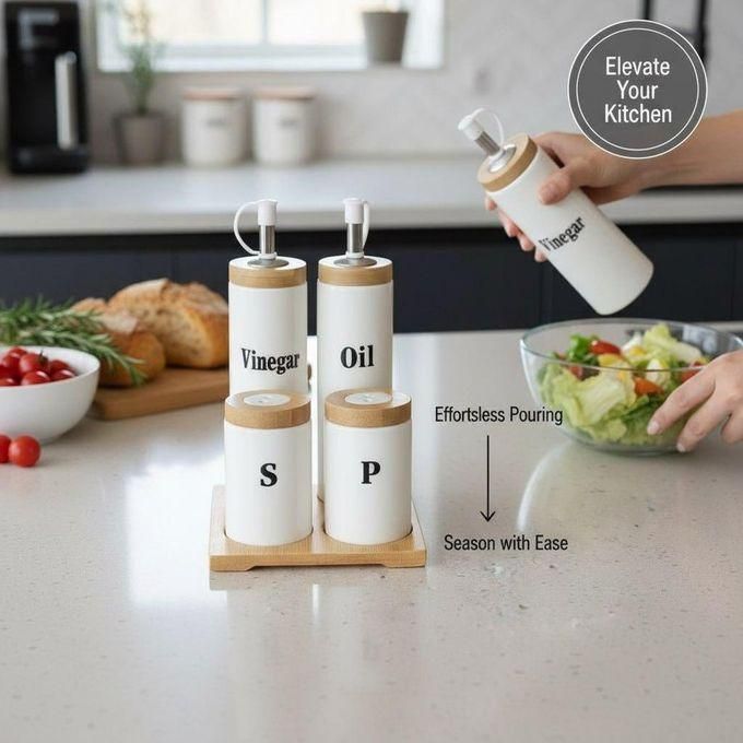 Service de Table Complet 5 Pièces : Bouteilles Huile & Vinaigre et Pots à Épices sur Support