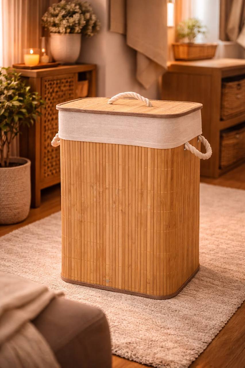 Partagez ce produit    Panier à Linge Rectangulaire en Bambou Naturel