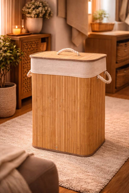 Partagez ce produit    Panier à Linge Rectangulaire en Bambou Naturel