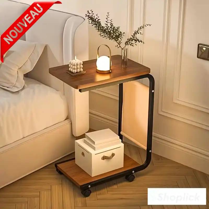 Table d'Appoint Mobile avec Roulettes et Porte-Revues – Style Industriel