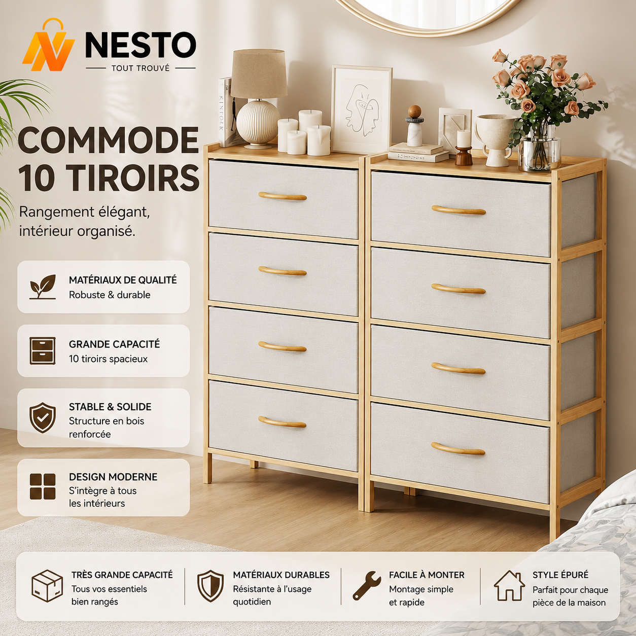 Commode 5 Tiroirs en Tissu et Bambou – Meuble de Rangement avec Dessus en Bois