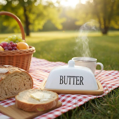 Beurrier avec couvercle en verre et plateau en bambou